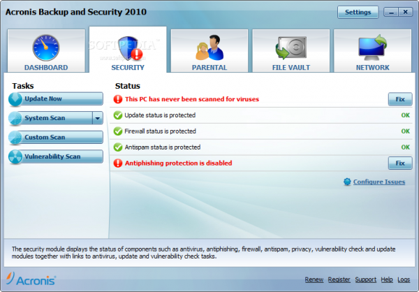 Problems with Acronis Backup and Security 2010